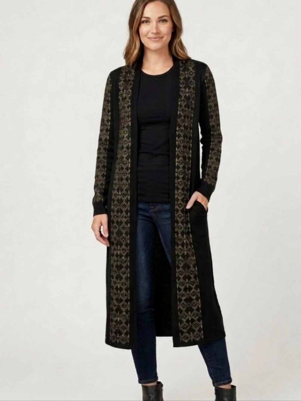 NWT LuLaRoe Sarah Long Duster Cardigan Elegant Black Gold Diamond Metallic XS